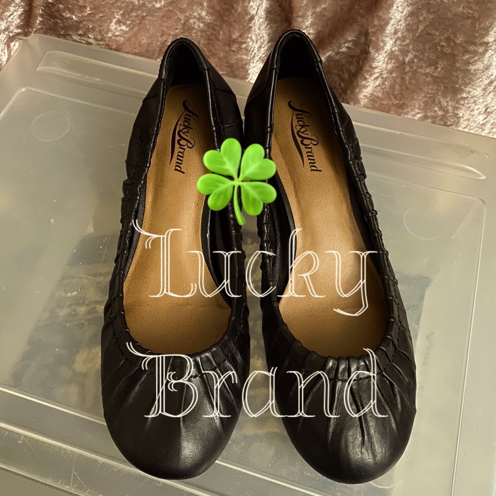 Black Leather Ballet Low Wedge Heel, Fibii by Lucky Brand sz 6.5